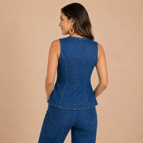 Blusa Denim Elegante para Mujer con Botones Dorados