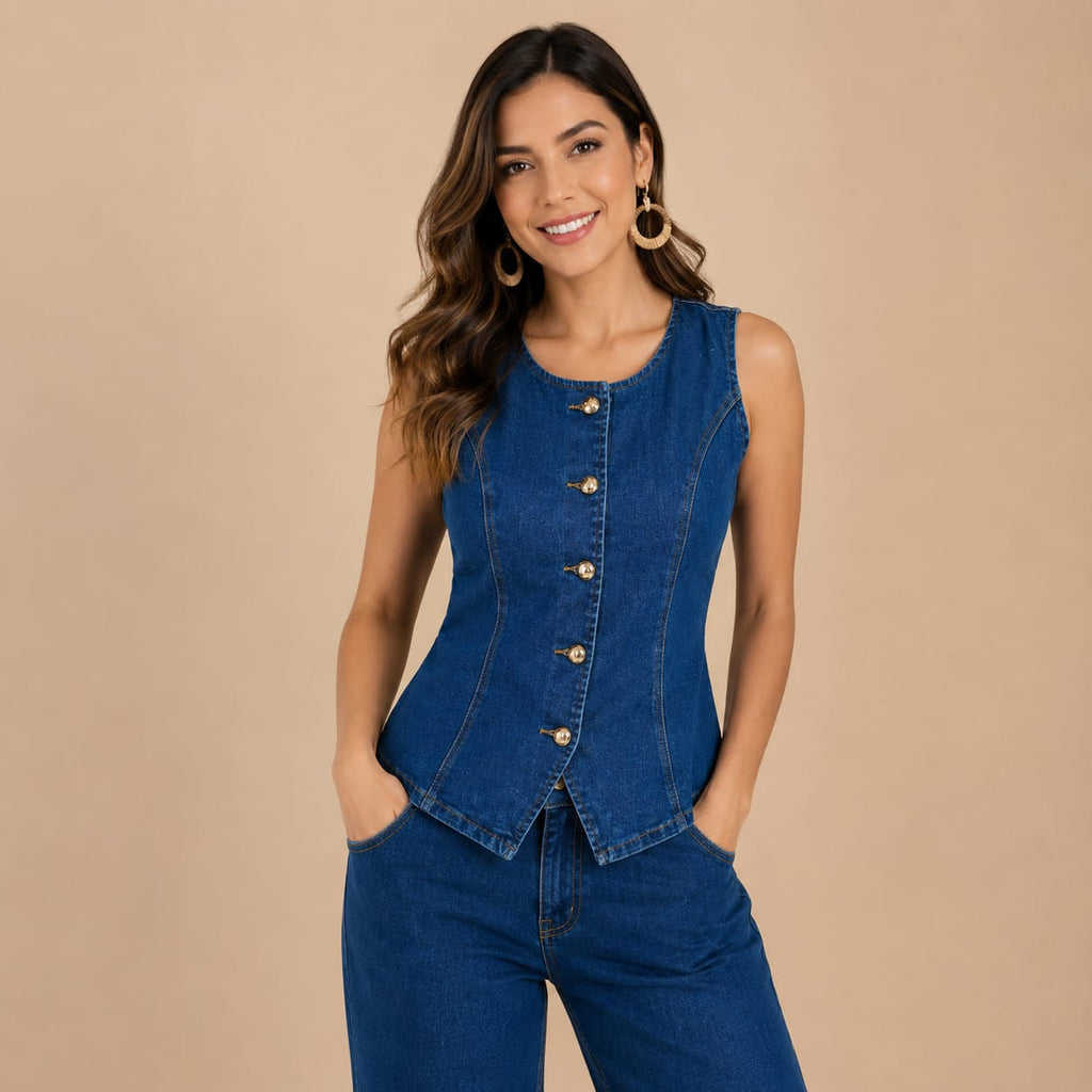 Blusa Denim Elegante para Mujer con Botones Dorados